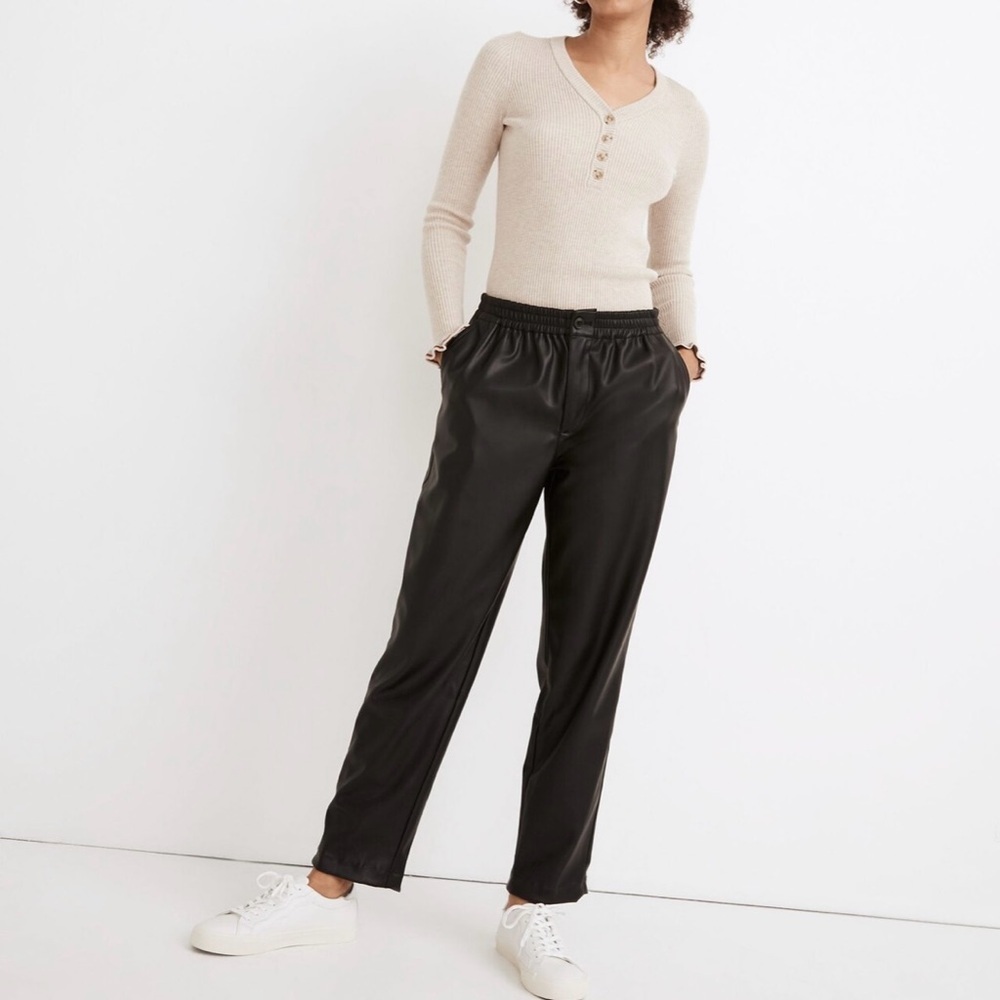Madewell Womens Vegan Faux Leather Track Trousers Sz Medium Black Elastic Waist